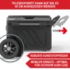 A black and gray cooler box with wheels and a telescoping handle extended, shown with marketing text overlays. Produktbild-Vorschau