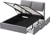 A grey upholstered bed frame with the mattress support lifted to reveal storage space and drawers underneath. Náhled obrázku produktu