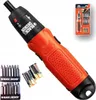 A Black & Decker battery-powered screwdriver set with accessories is displayed against a white background. The set includes the screwdriver, various bits, and batteries. A packaged version of the set is also visible in the upper right corner. Produktbild-Vorschau