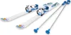 A pair of children's skis and poles are displayed on a white background. Podgląd zdjęcia produktu