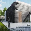 A modern house exterior with a bicycle parked nearby, during a rain shower. Produktbild-Vorschau