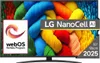 A television screen displaying a colorful abstract image, with marketing overlays. The TV is on a stand. Voir les images du produit