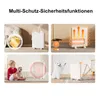 A collage of four images showcasing a white electric heater with various safety and feature demonstrations. Náhľad obrázku produktu