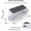 A white wireless keyboard attachment for a game controller, shown with dimensions and charging indicator information. Produktbild-Vorschau