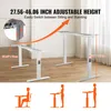 A white adjustable standing desk frame shown in different height configurations, with text and graphics illustrating its adjustable height range and ease of use. Voir les images du produit