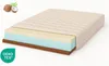 A cross-section of a mattress showing its layers, with coconuts and leaves in the top left corner and an OEKO-TEX logo in the bottom left corner. Produktbild-Vorschau