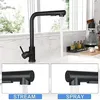 A black kitchen faucet is shown in use, with two inset images demonstrating its stream and spray functions. Produktbild-Vorschau