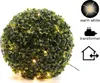 A close-up of a decorative LED-lit artificial topiary ball with informational icons on the right. Produktbild-Vorschau