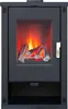A black freestanding fireplace with a glass door showing a simulated fire with logs. Produktbild-Vorschau