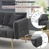 A dark gray sofa with gold legs, shown in a room setting with a plant and window in the background. Inset circles illustrate adjustable backrest angles. Produktbild-Vorschau