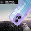 A purple phone case is shown falling onto a rocky surface, with a sky background. Text overlays indicate military-grade drop protection. Produktbild-Vorschau