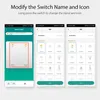 Screenshots of a mobile app interface showing how to modify a smart switch name and icon. Náhled obrázku produktu