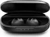 A pair of black wireless earbuds in their charging case. Voir les images du produit
