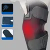 A close-up of a person's hand pressing a power button on a heated knee brace, with inset images showing product details. Anteprima dell’immagine prodotto