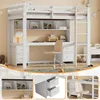 A collage of images showcasing a white loft bed with an integrated desk and shelving unit, designed for children or teenagers. The collage includes a full view of the bed setup, a close-up of the desk drawers, and a detail of the shelving. Náhled obrázku produktu