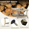 A coffee table is shown in front of a background of stacked logs. Insets show close-ups of the table's features. Produktbild-Vorschau