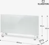 A white glass panel heater with wheels is shown against a white background, with dimensions indicated by lines and text. Náhľad obrázku produktu
