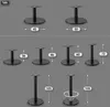 A collection of black bistro table bases of various sizes and heights, with dimensions indicated by measurement lines and numbers. Produktbild-Vorschau