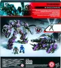 The back of a Transformers Shockwave toy packaging, showing the toy in robot and vehicle modes, along with smaller figures and parachuting action. Produktbild-Vorschau