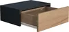 A black nightstand drawer with a wooden drawer front, shown partially open against a white background. Produktbild-Vorschau