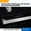 A close-up view of a black oven door with a silver handle and a control dial. Text overlays highlight features and branding. Produktbild-Vorschau