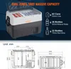 Product image featuring a portable refrigerator with a diagram showing its dimensions and capacity. Voir les images du produit