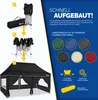 An advertisement for a black pop-up gazebo, showing its assembly steps and available colors. Produktbild-Vorschau