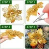 A four-panel instructional image showing how to attach a decorative Christmas flower with a clip. Produktbild-Vorschau