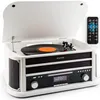A white retro-style record player with a vinyl record on it, a remote control, and a CD player. The lid is open. Produktbild-Vorschau