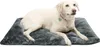 A white dog is lying on a dark gray dog bed. Produktbild-Vorschau