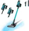A collage of a cordless stick vacuum cleaner and its components, presented against a white background with blue watercolor-like accents. Náhled obrázku produktu