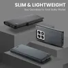 Product shots of a black leather phone case displayed on gray geometric blocks. Produktbild-Vorschau