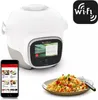 A smart multi-cooker with a smartphone displaying recipes and a plate of food. Voir les images du produit