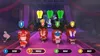 A video game scene showing four Rabbids characters standing on a pink carpet in front of a decorative background. Each character has a number and score associated with them. Produktbild-Vorschau
