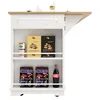 A white kitchen island with a wooden countertop, displaying food items and a drink. Anteprima dell’immagine prodotto