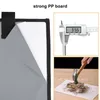 A collage of images showing product details and features. The main image shows a close-up of a gray material with a white layer underneath, suggesting padding or protection. A smaller inset image displays a digital caliper measuring 3.55, likely indicating Náhled obrázku produktu