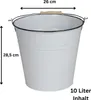 A white metal bucket with a wooden handle and a metal wire handle. Dimensions and capacity are indicated with text and arrows. Voir les images du produit