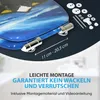 A close-up of a toilet seat with a blue and white wave design, showing mounting hardware and text about easy installation. Produktbild-Vorschau
