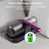 A handheld vacuum cleaner with a charging base, shown on a couch. A graphic of a battery is overlaid. Produktbild-Vorschau