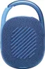 A close-up, front-facing studio shot of a blue JBL Clip 4 Eco portable Bluetooth speaker with its carabiner clip. Podgląd zdjęcia produktu