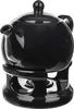 A black ceramic teapot with a lid and handle, resting on a black ceramic stand with cutouts. The stand has a space for a tea light. Anteprima dell’immagine prodotto