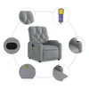 A collage of images showing a gray fabric massage chair from different angles, including close-ups of its features and a remote control. Produktbild-Vorschau
