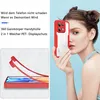 A woman is holding a red and clear phone case in front of her face, with text and diagrams on the left side of the image. Produktbild-Vorschau