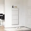 A white shoe cabinet with four flip-down compartments is mounted on a white wall in a hallway. A small potted plant and a stack of books sit on top of the cabinet. A white rug with text is on the floor in front of the cabinet, with a pair of slippers on it Náhľad obrázku produktu
