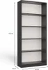 A tall, narrow, dark gray bookshelf with five shelves is shown against a white background. Dimensions are indicated by lines and text. Voir les images du produit