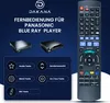 A marketing image for a Panasonic Blu-ray player remote control, showing the remote and two Blu-ray players, along with feature callouts. Produktbild-Vorschau