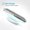 A clear phone case is shown hovering above a wireless charging pad, with blue lines indicating the charging field. Podgląd zdjęcia produktu