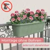 A green planter box filled with pink and blue flowers is attached to a balcony railing. Produktbild-Vorschau