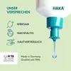 A close-up of a product dispenser with a drop of liquid falling, next to marketing text and icons. Produktbild-Vorschau