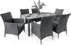 A dark gray rattan dining set with a glass-topped table and six chairs, set against a white background. Náhľad obrázku produktu